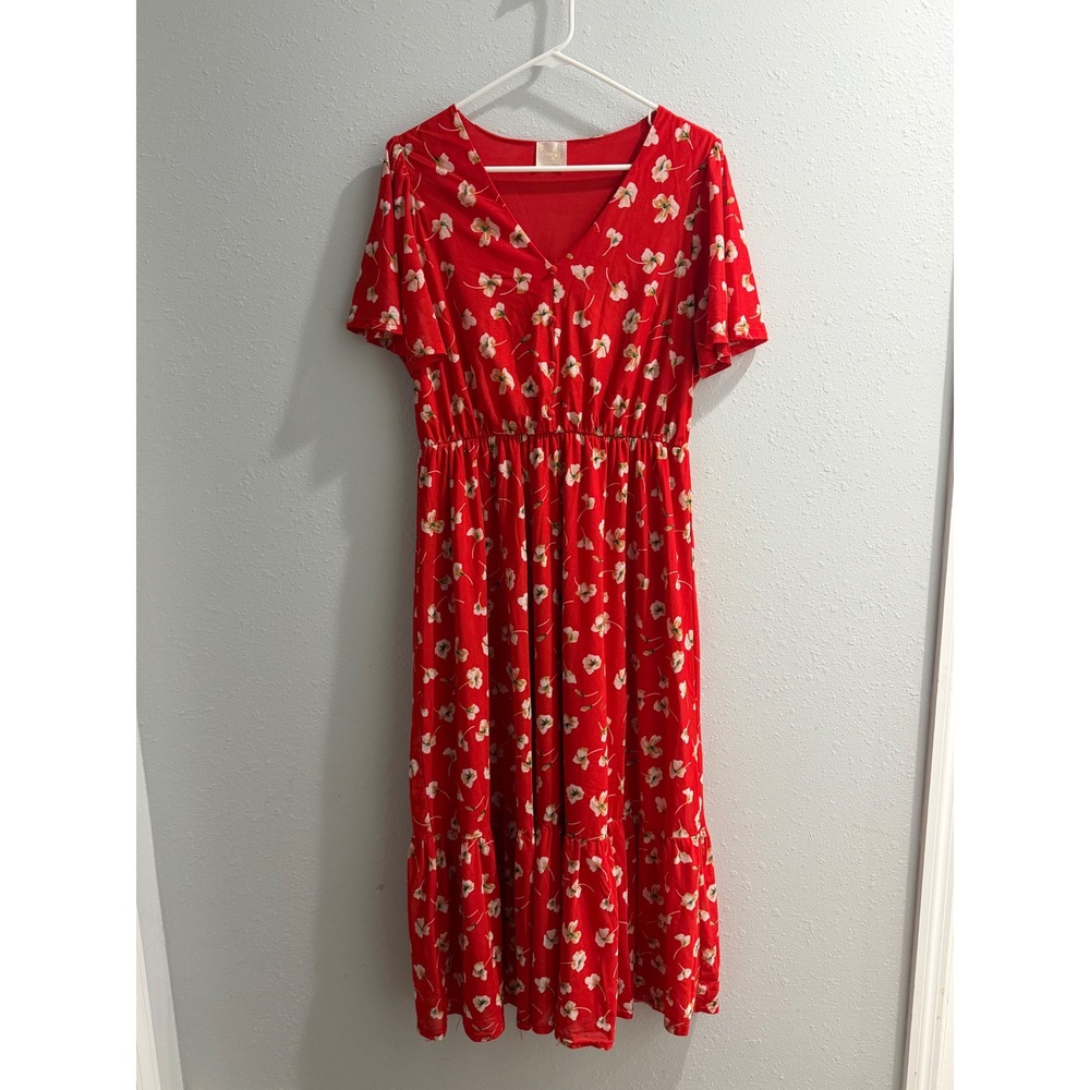Sirenlily Red Floral V-Neck Maxi Dress Short Flutter Sleeve Elastic Waist Large